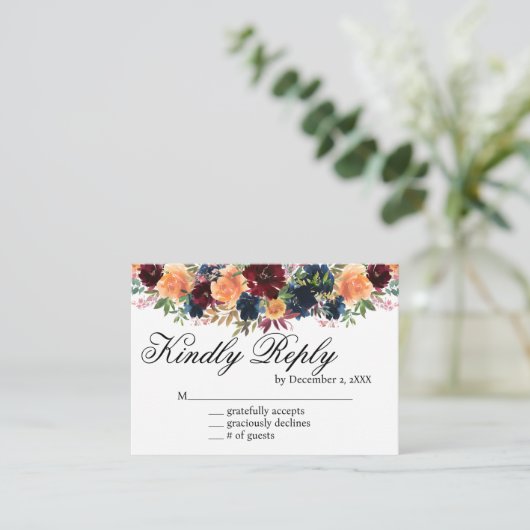 金ゴールドワインブルガンディーネイビーブルーフローラRSVPカード エンクロージャーカード (スタンド正面)