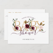 金ゴールドワインブルゴーニュフローラベビーシャワー インビテーションポストカード (正面/裏面)