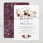 金ゴールドワインブルゴーニュフローラベビーシャワー 招待状 (正面/裏面)