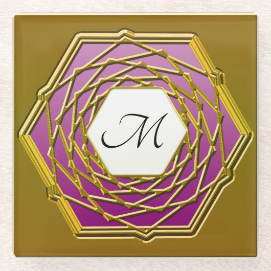 金ゴールドワインレッド六角デザイン付きガラスコースター ガラスコースター (正面)