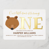 金ゴールドワンアニマルベアファースト誕生日 箔招待状 (正面)