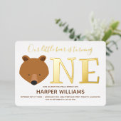 金ゴールドワンアニマルベアファースト誕生日 箔招待状 (立ち正面)