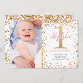 金ゴールドワングリッターピンクガールファースト誕生日写真 招待状 (正面/裏面)