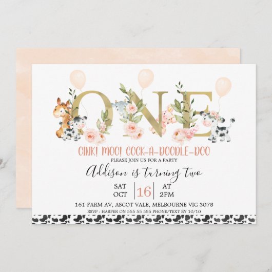 金ゴールドワンディバイダーズフローラファームアニマルズ1st誕生日 招待状 (正面/裏面)