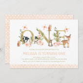 金ゴールドワンフローラウッドランドアニマルズ1歳 招待状 (正面/裏面)