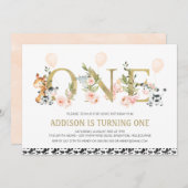 金ゴールドワンフローラファーム動物1歳誕生日 招待状 (正面/裏面)