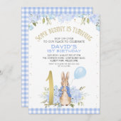 金ゴールドワンブルーフローラピーターうさぎ1st誕生日 招待状 (正面/裏面)