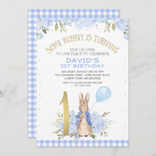 金ゴールドワンブルーフローラピーターうさぎ1st誕生日 招待状 (正面/裏面)