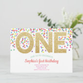 金ゴールドワンレインボー紙吹雪ベビーガール1st誕生日 招待状 (スタンド正面)