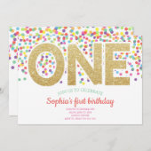 金ゴールドワンレインボー紙吹雪ベビーガール1st誕生日 招待状 (正面/裏面)