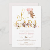 金ゴールドワード赤面フローラテディベア赤ちゃんシャワー 招待状 (正面/裏面)