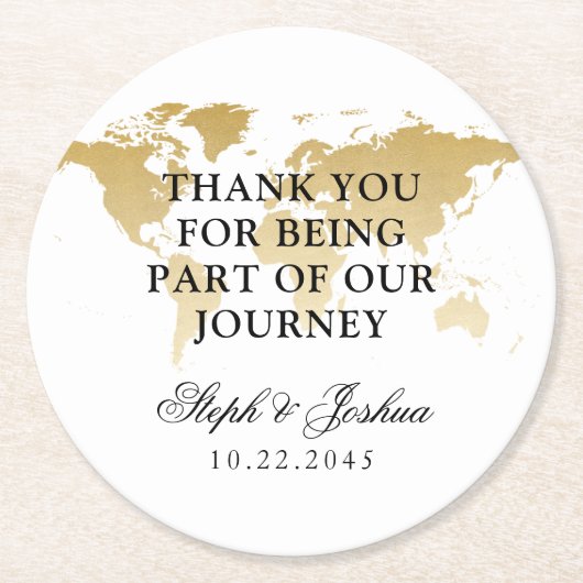 金ゴールドワールドマップトラベルサンキュー結婚式の引き出物 ラウンドペーパーコースター (正面)