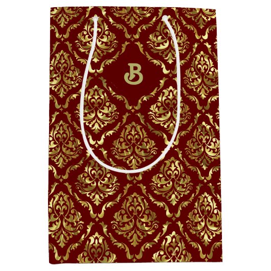 金ゴールドヴィンテージのダークブルーのパターン ミディアムペーパーバッグ (正面)