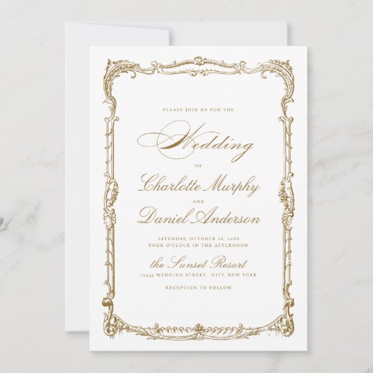 金ゴールドヴィンテージクラシックフレームシンプルスクリプ結婚ト 招待状 (正面)