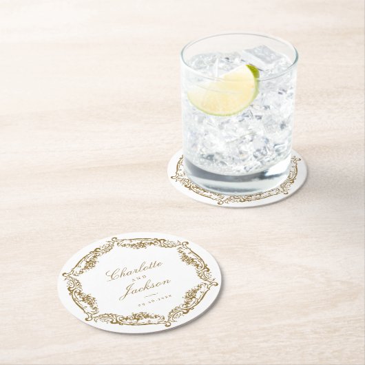 金ゴールドヴィンテージクラシックフレーム結婚スクリプト ラウンドペーパーコースター (インサイチュ)
