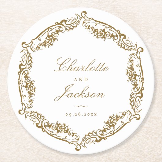 金ゴールドヴィンテージクラシックフレーム結婚スクリプト ラウンドペーパーコースター (正面)