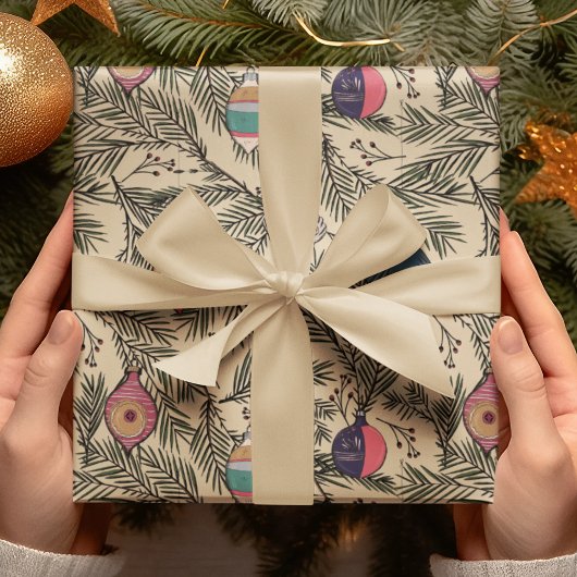 金ゴールドヴィンテージクリスマスオーナメント、パイン、ベリー ラッピングペーパー