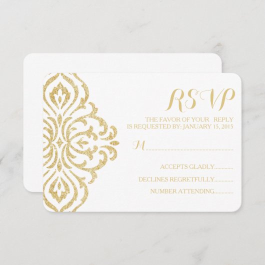 金ゴールドヴィンテージグラマーエレガンスウェディングRSVPカード 出欠カード (正面/裏面)