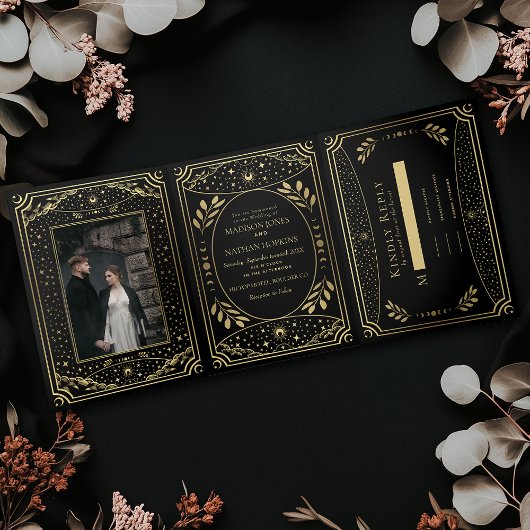 金ゴールドヴィンテージタロット結婚ゴシック 三つ折り招待状