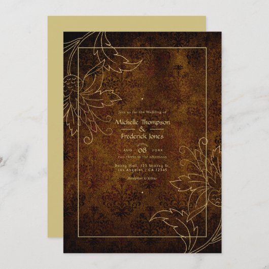 金ゴールドヴィンテージダマスク結婚式 招待状 (正面/裏面)