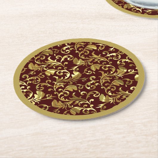 金ゴールドヴィンテージダマスダークブラウン ラウンドペーパーコースター (アングル)
