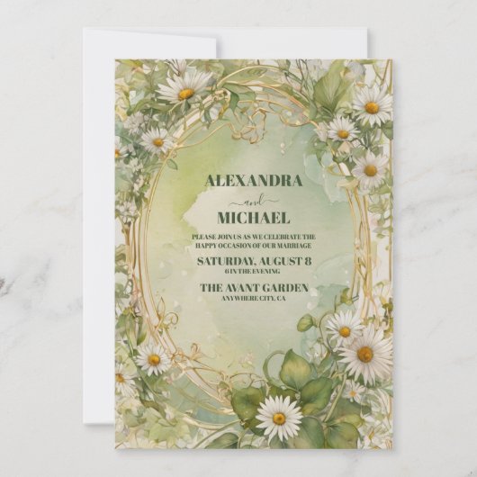 金ゴールドヴィンテージデイジー結婚アールヌーボー 招待状 (正面)