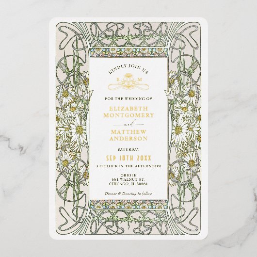 金ゴールドヴィンテージデイジー結婚アールヌーボー 箔招待状 (正面)