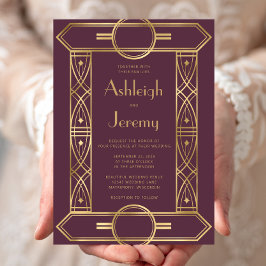 金ゴールドヴィンテージデコフレームブルゴーニュ結婚ーズ 招待状