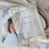 金ゴールドヴィンテージデコフレームホワイト結婚ズ ベラム紙招待状