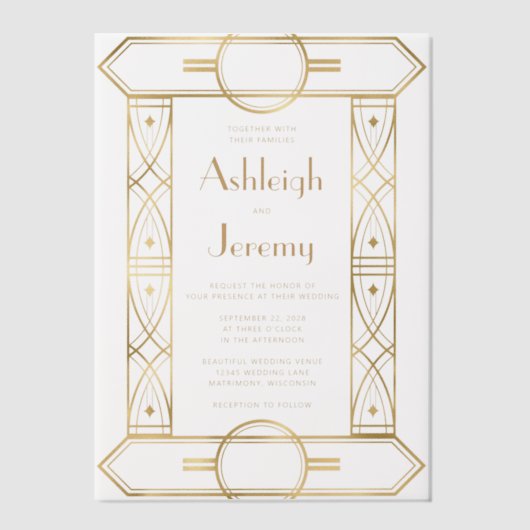金ゴールドヴィンテージデコフレームホワイト結婚ズ ベラム紙招待状 (正面)