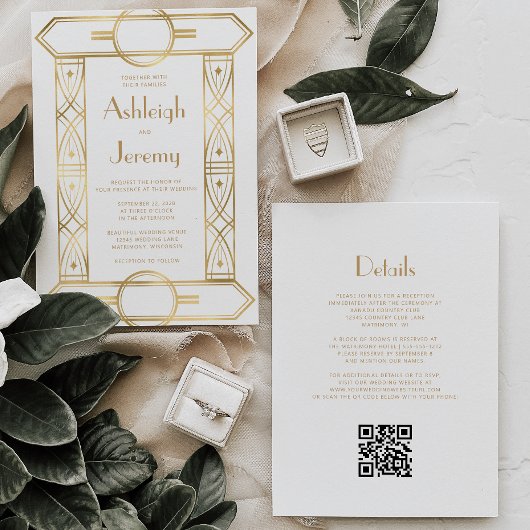 金ゴールドヴィンテージデコフレームホワイトQRコー結婚ド 招待状