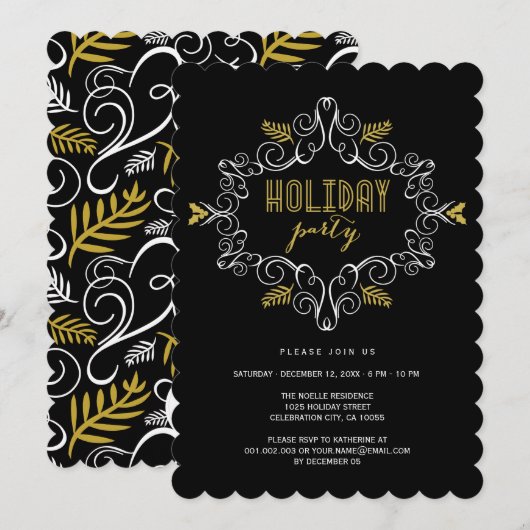 金ゴールドヴィンテージデコリーフクラシックホリデーパーティー 招待状 (正面/裏面)