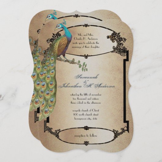 金ゴールドヴィンテージピーコックローリング20sデコ結婚ズ 招待状 (正面/裏面)