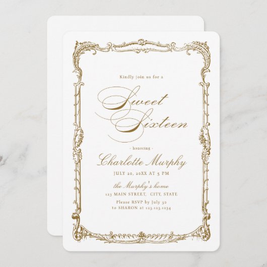 金ゴールドヴィンテージフレクラシックームのスクリプトSweet sixteen 招待状 (正面/裏面)