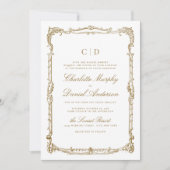 金ゴールドヴィンテージフレームクラシックスクリプトモノグラム結婚の 招待状 (正面)