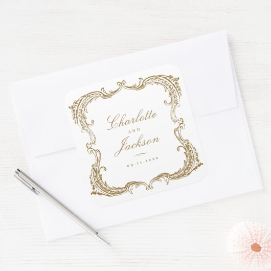 金ゴールドヴィンテージフレームクラシック結婚式の引き出物 スクエアシール (封筒)