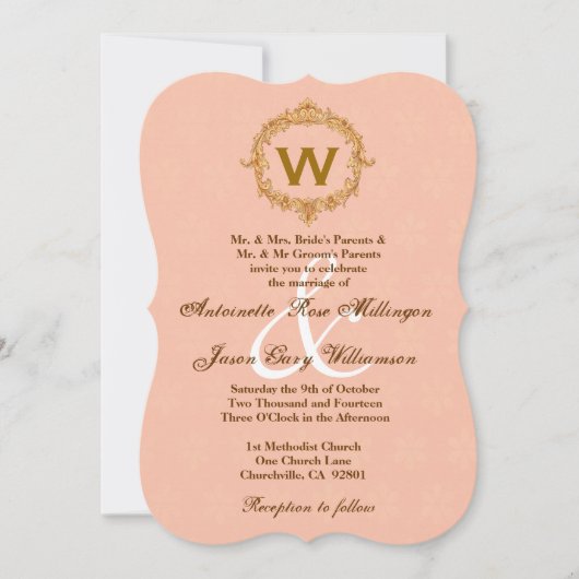 金ゴールドヴィンテージフレームピーチモノグラ結婚ムズ 招待状 (正面)