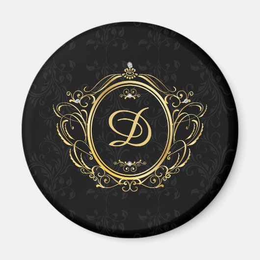 金ゴールドヴィンテージフレームモノグラム黒ダマスクバック マグネット (正面)