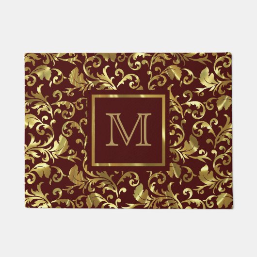 金ゴールドヴィンテージフローラが茶色の背景で減衰 ドアマット (正面)