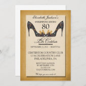 金ゴールドヴィンテージフローラシューズ80番目の誕生日招待状 招待状 (正面/裏面)