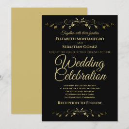 金ゴールドヴィンテージフローリッシュオンブラックシンプル結婚ズ 招待状