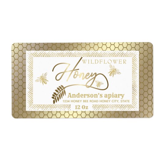金ゴールドヴィンテージ素朴なミツバチ蜂蜜の枝の瓶ラベル ラベル (正面)