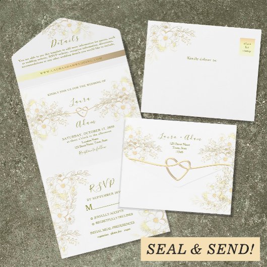 金ゴールドヴィンテージ結婚フローラ オールインワン招待状