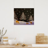 金ゴールドヴィンテージ鹿家族の雪のクリスマスフォレスト ポスター (キッチン)
