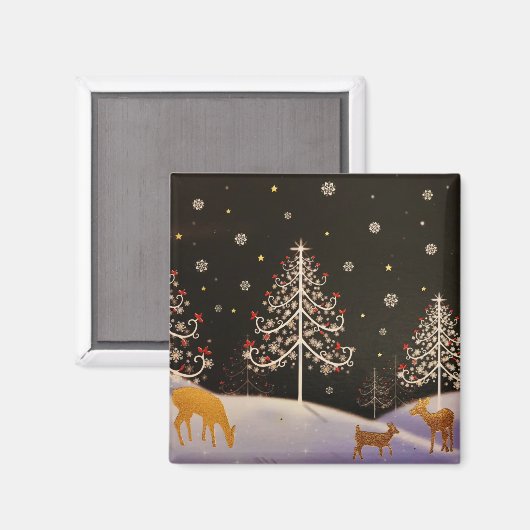金ゴールドヴィンテージ鹿家族の雪のクリスマスフォレスト マグネット (正面/裏面)