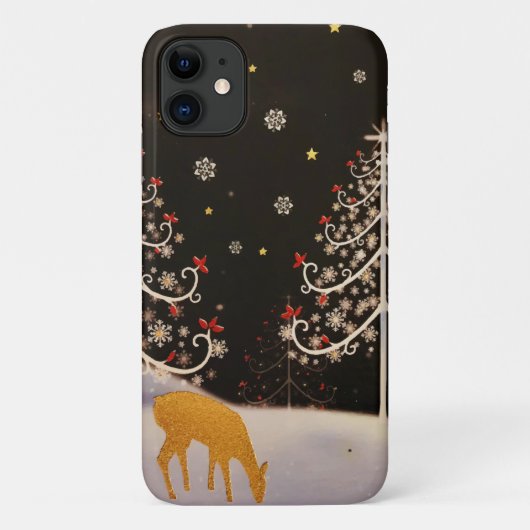 金ゴールドヴィンテージ鹿家族の雪のクリスマスフォレスト Case-Mate iPhoneケース (裏面)