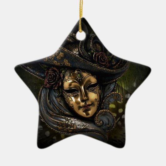 金ゴールドヴェネツィアカーニバルマスクとブルーハット セラミックオーナメント (正面)