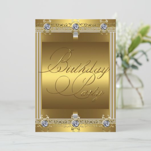 金ゴールド上の任意の年齢の誕生日エレガントパーティー金ゴールド 招待状 (スタンド正面)