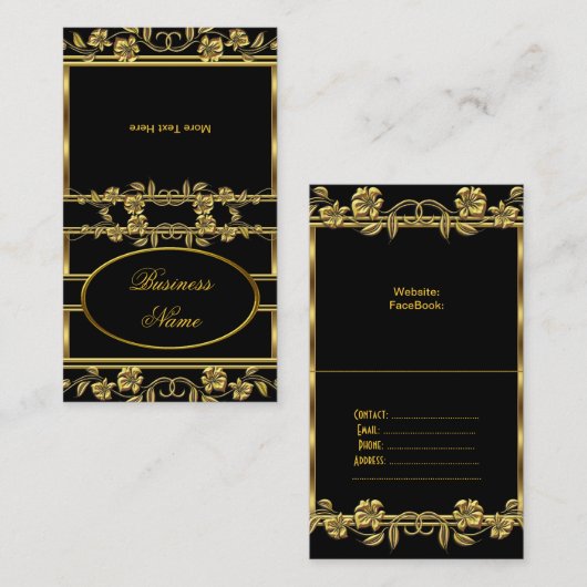 金ゴールド上の折りエレガント曲げ金ゴールドブラックフローラ 名刺 (正面/裏面)