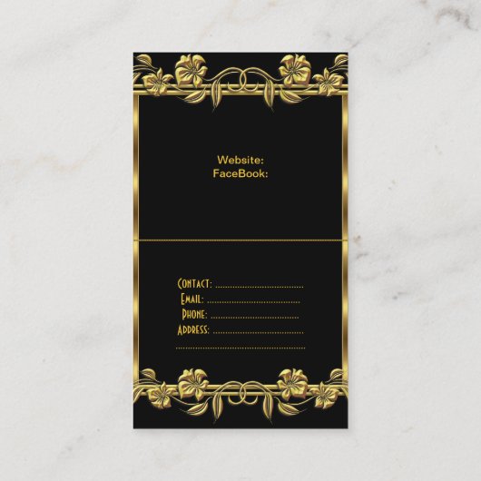 金ゴールド上の折りエレガント曲げ金ゴールドブラックフローラ 名刺 (裏面)